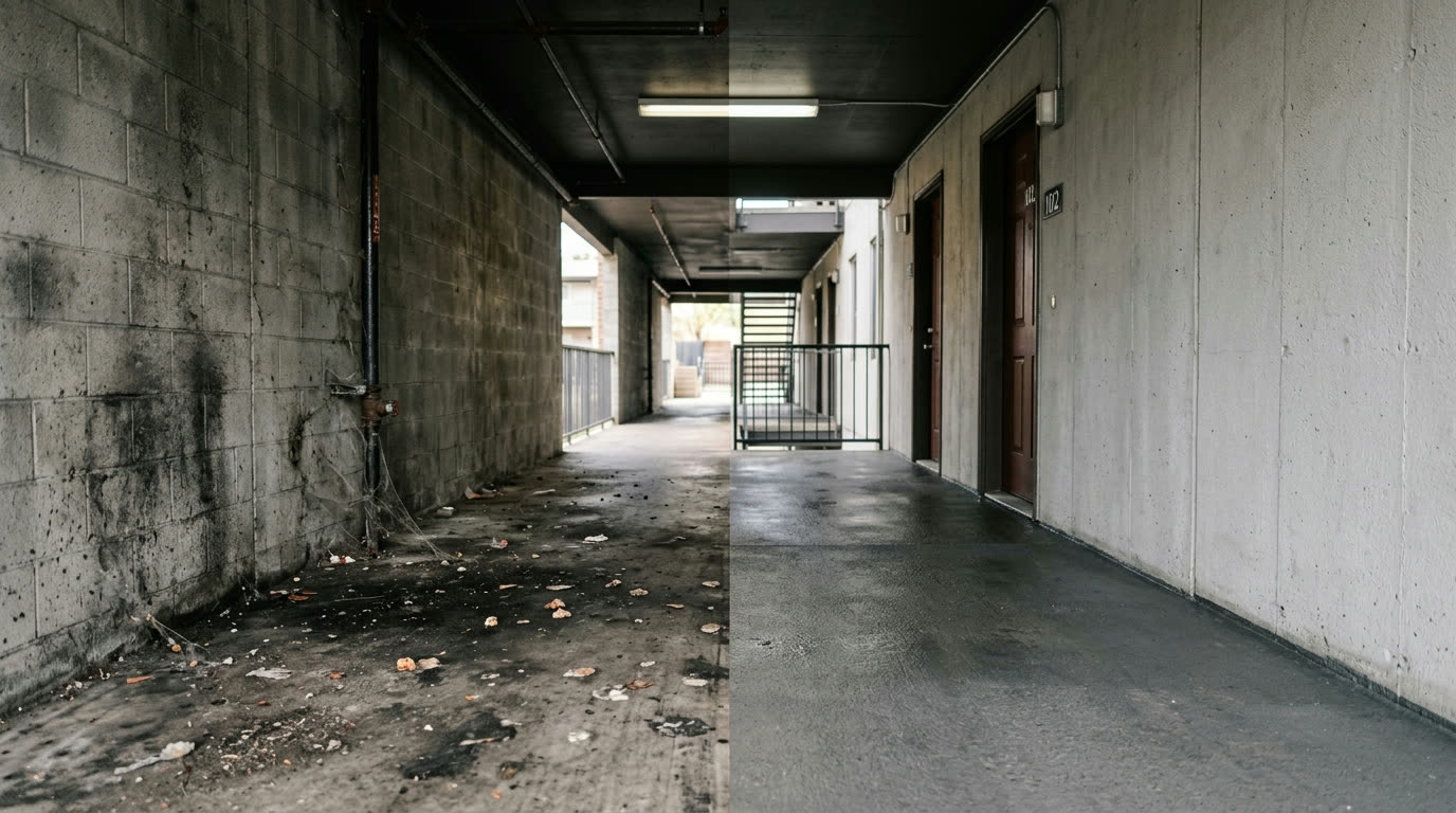 Before and after breezeway pressure washing at a metro Atlanta apartment community