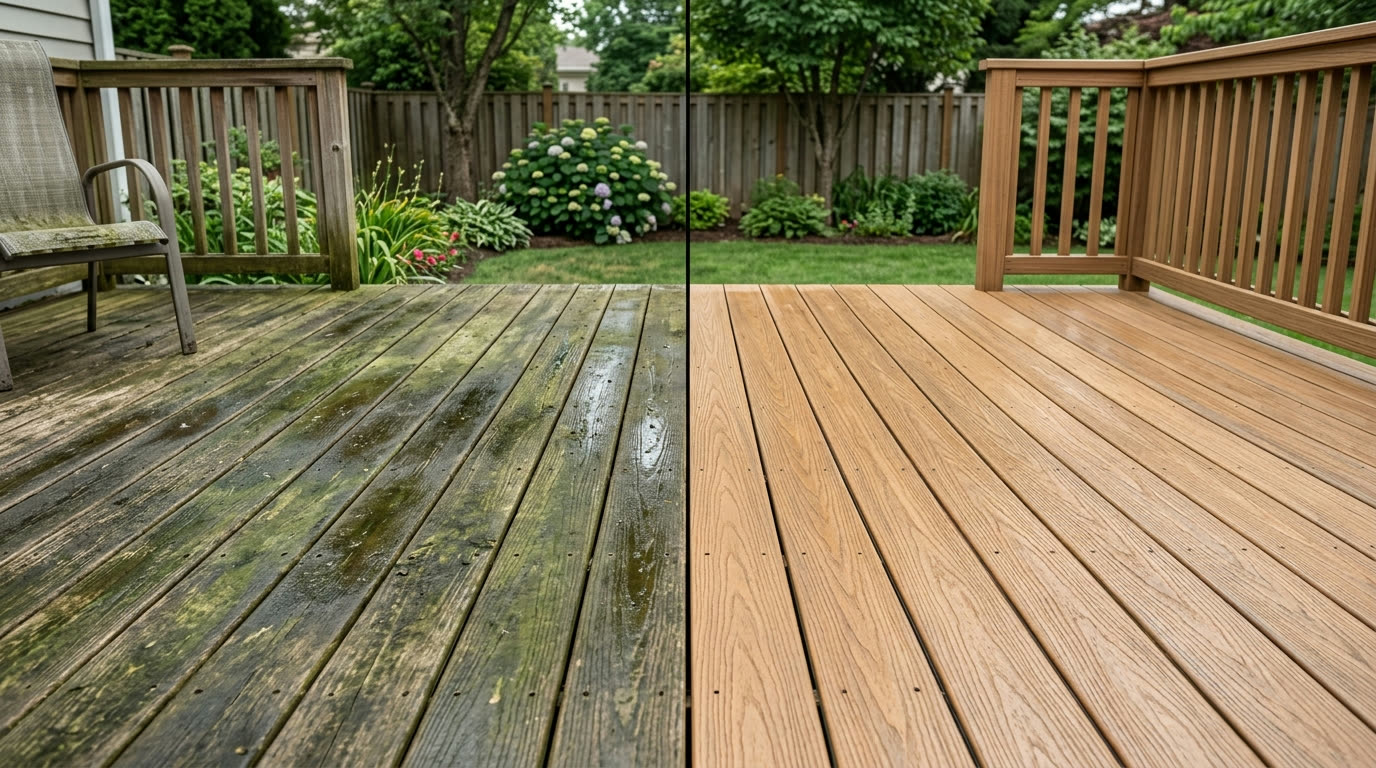 Before and after deck pressure washing