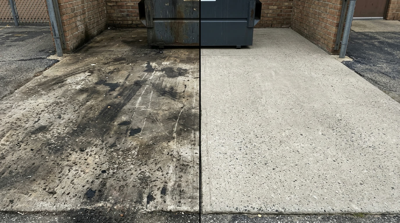 Before and after dumpster pad degreasing