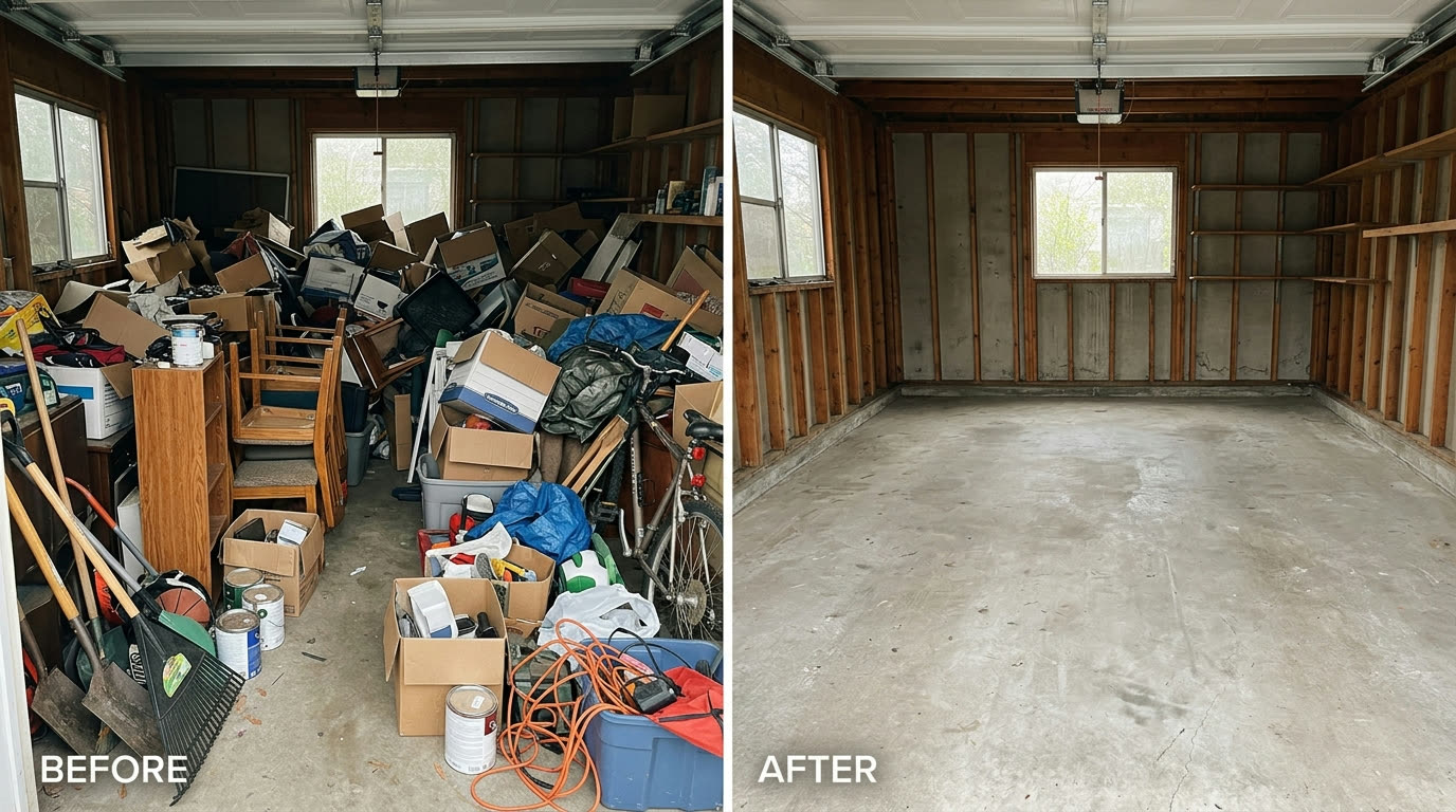Before and after residential garage cleanout and junk removal