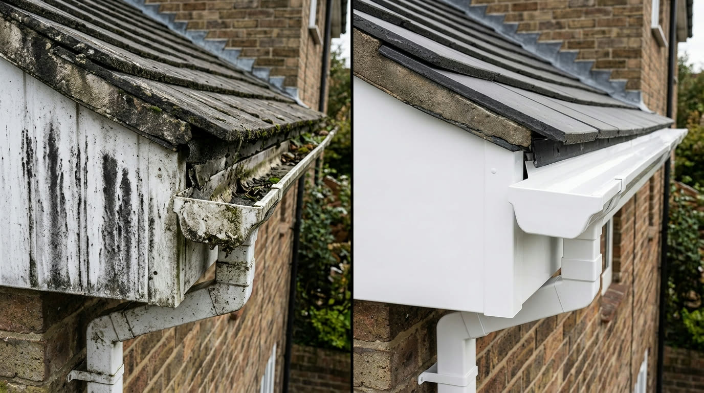 Before and after gutter brightening
