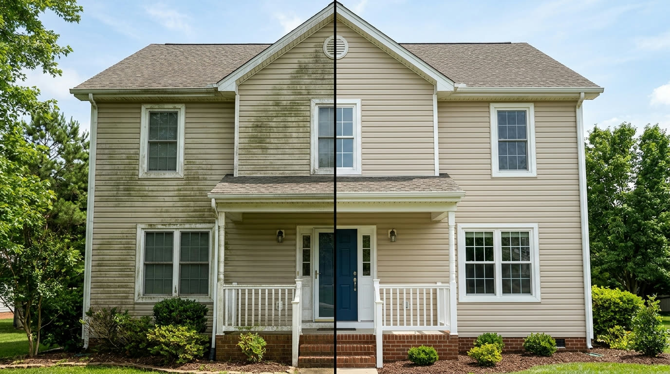 Before and after house soft washing in metro Atlanta