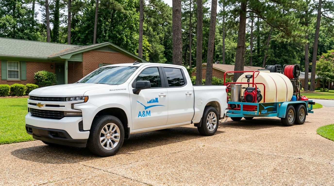 A&M Commercial Services white truck and turquoise hot-water pressure-washing trailer rig