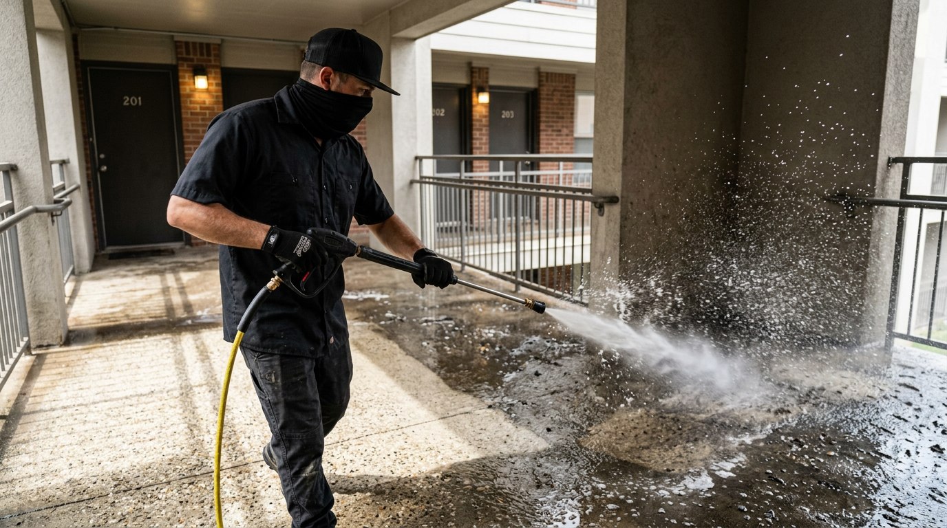 A&M crew pressure washing an apartment breezeway in Lithonia, GA