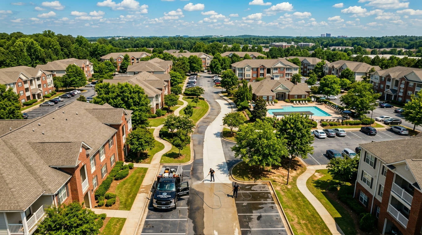 Aerial view of A&M Commercial Services working a metro Atlanta apartment community